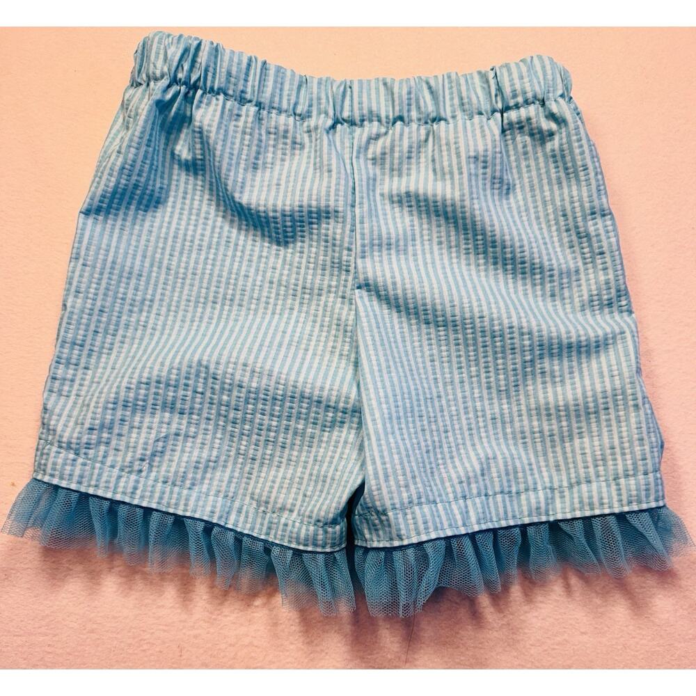 Handmade Blue Shorts With Ruffles Adorable Ribbon, Bow Button Size 3  - Picture 2 of 5